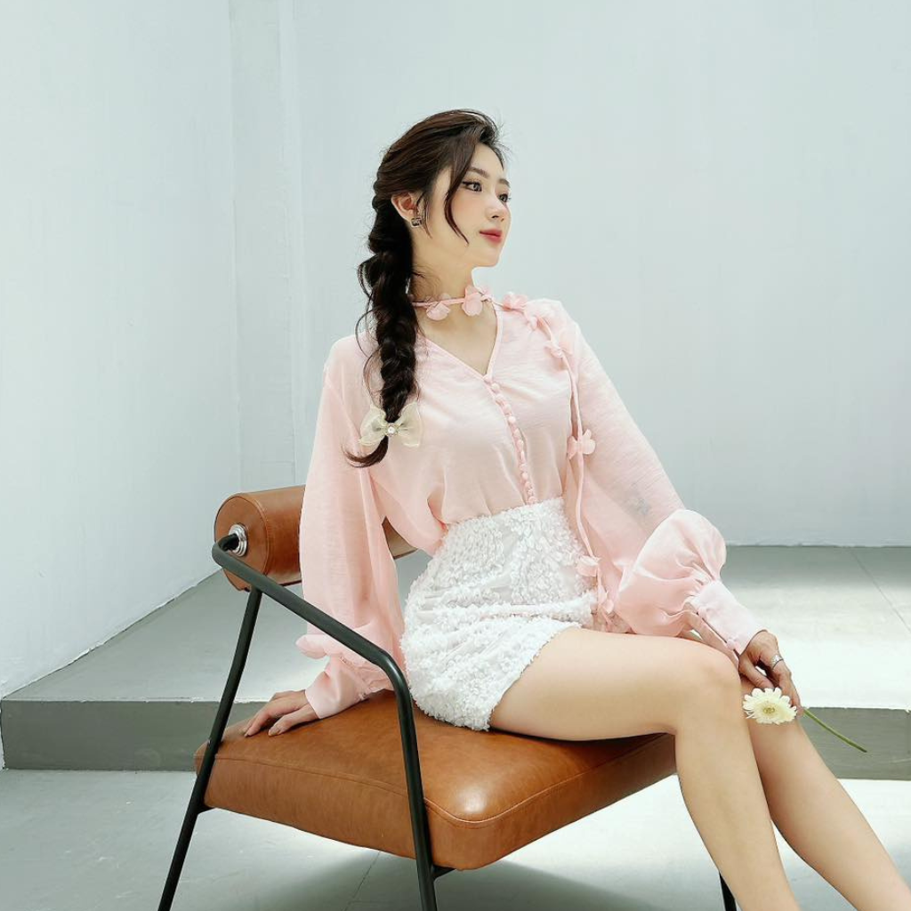 Set Đồ Bộ Thiết Kế MAY CH15 Sang Trọng Thanh Lịch Màu Hồng Trắng Đính Kết Hoa Thủ Công Đủ Size SMLXL