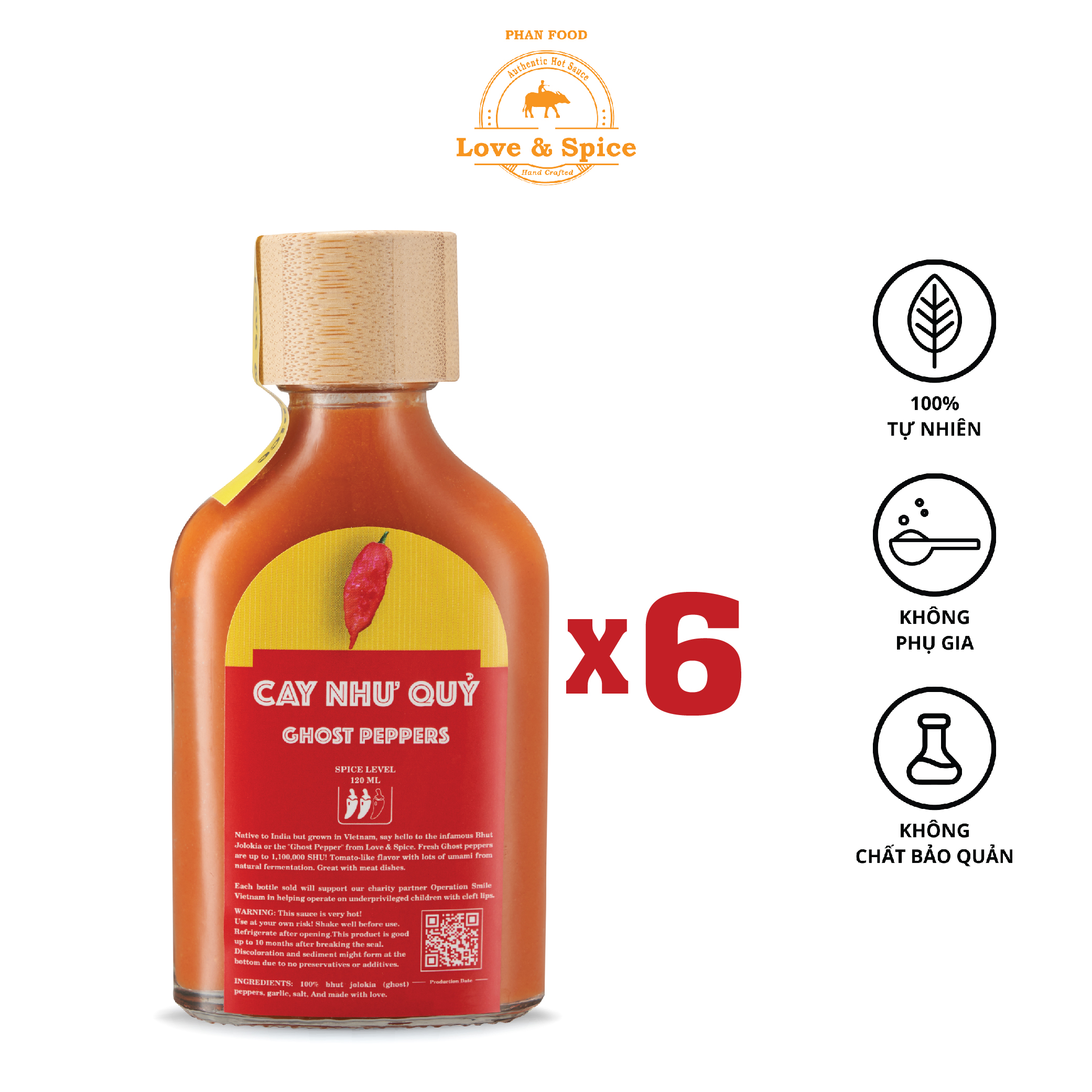 CAY NHƯ QUỶ - Combo 6 chai tương ớt siêu cay Love & Spice  lên men tự nhiên từ ớt Ghost Pepper chai 120ml x 6