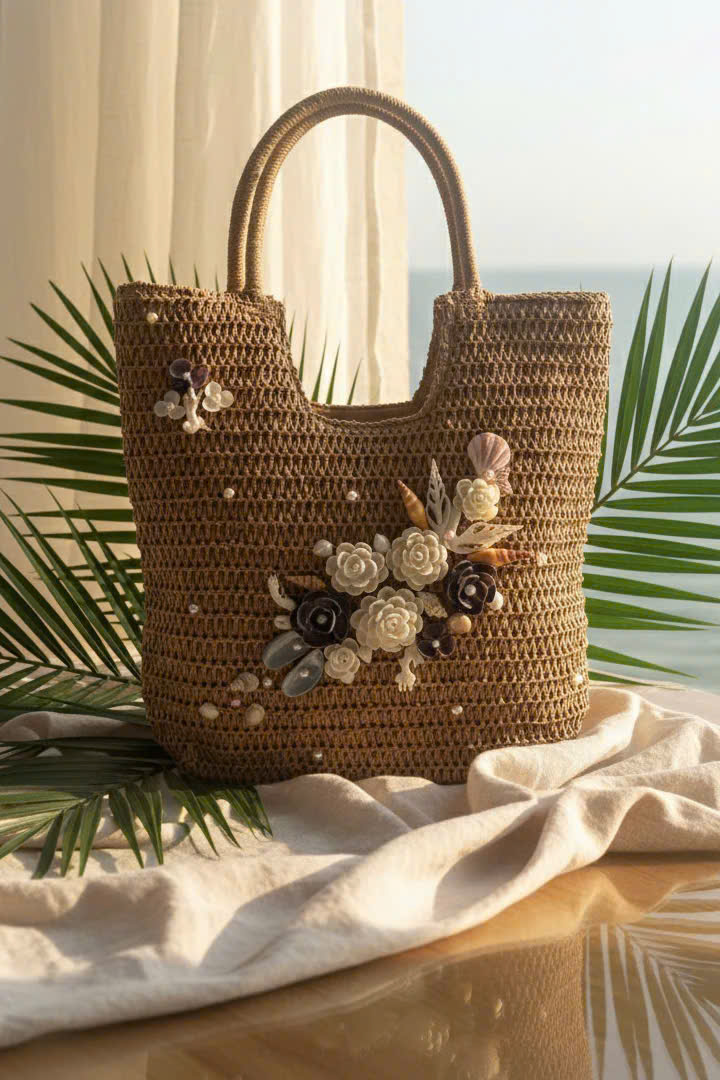 Giỏ Cói Giấy Mềm Dáng Tote Gắn Vỏ Sò, Giỏ Cói Tote Lan Châu ACC142