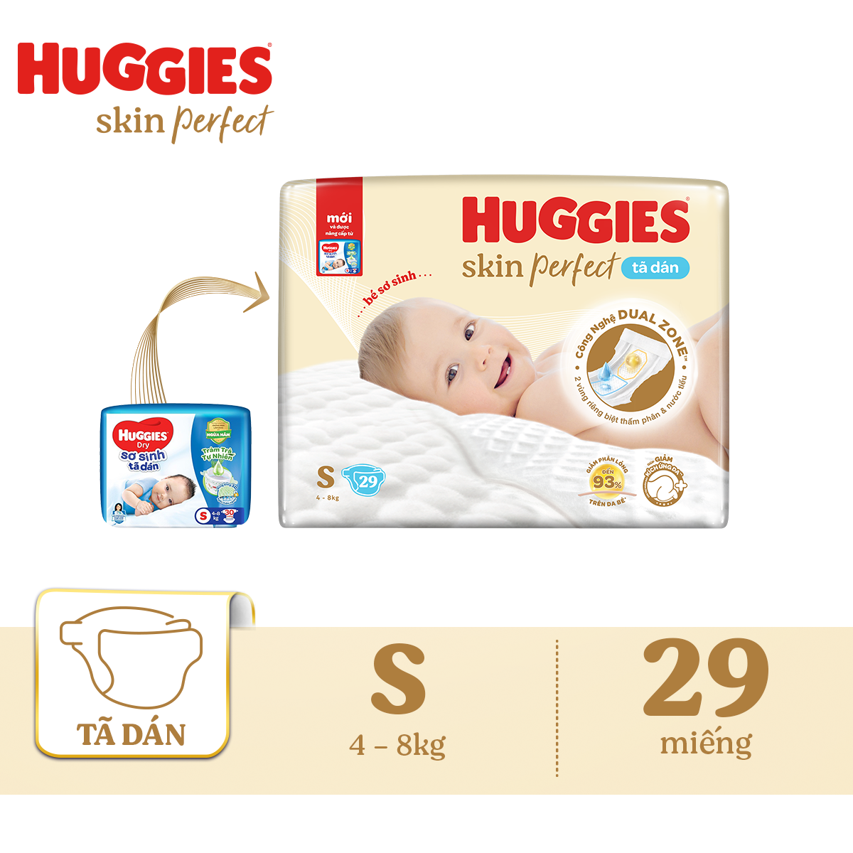 Tã/bỉm dán sơ sinh Huggies Skin Perfect S 29 miếng với 2 vùng thấm giảm kích ứng da