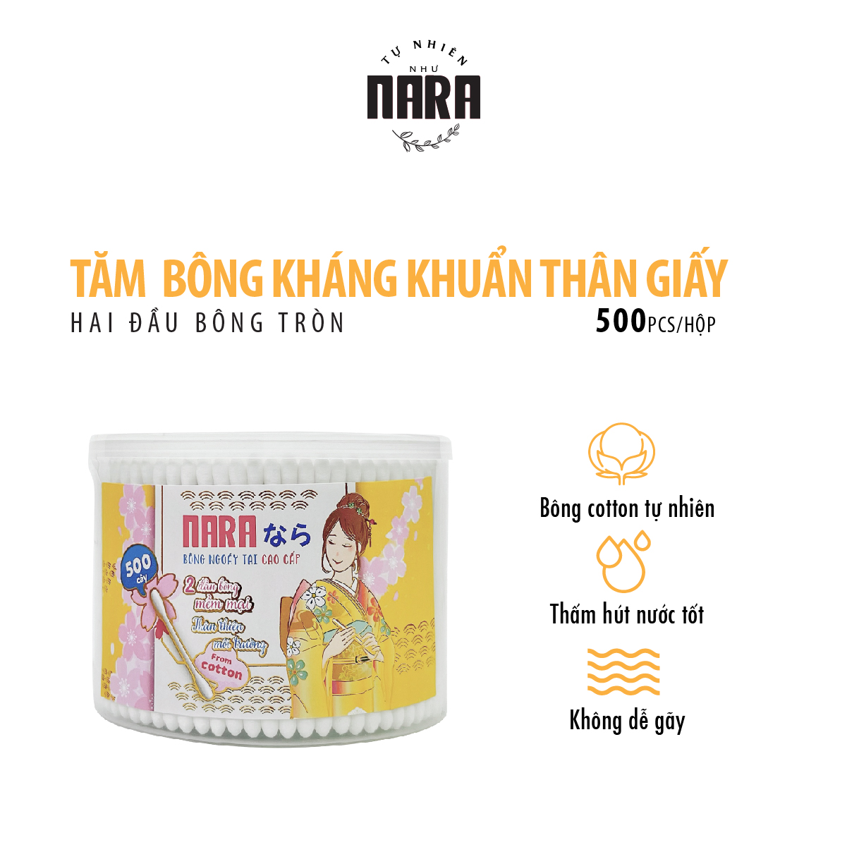 Tăm bông Nara kháng khuẩn màu vàng hộp 500 cái