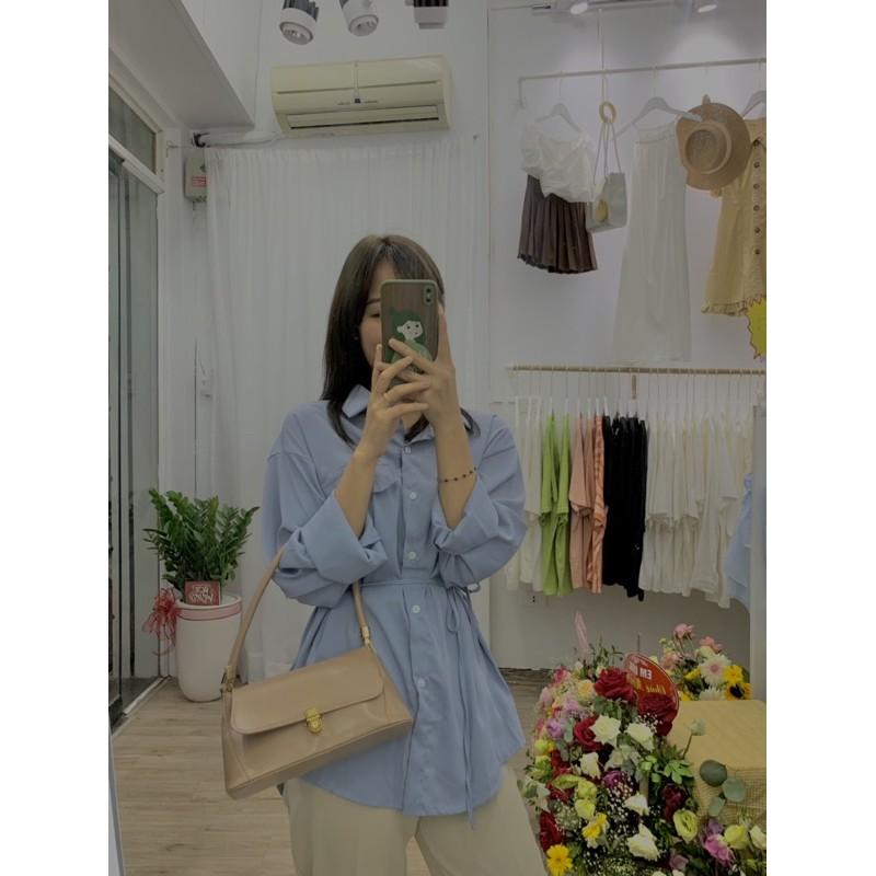 -Áo sơmi lụa dáng dài buộc dây