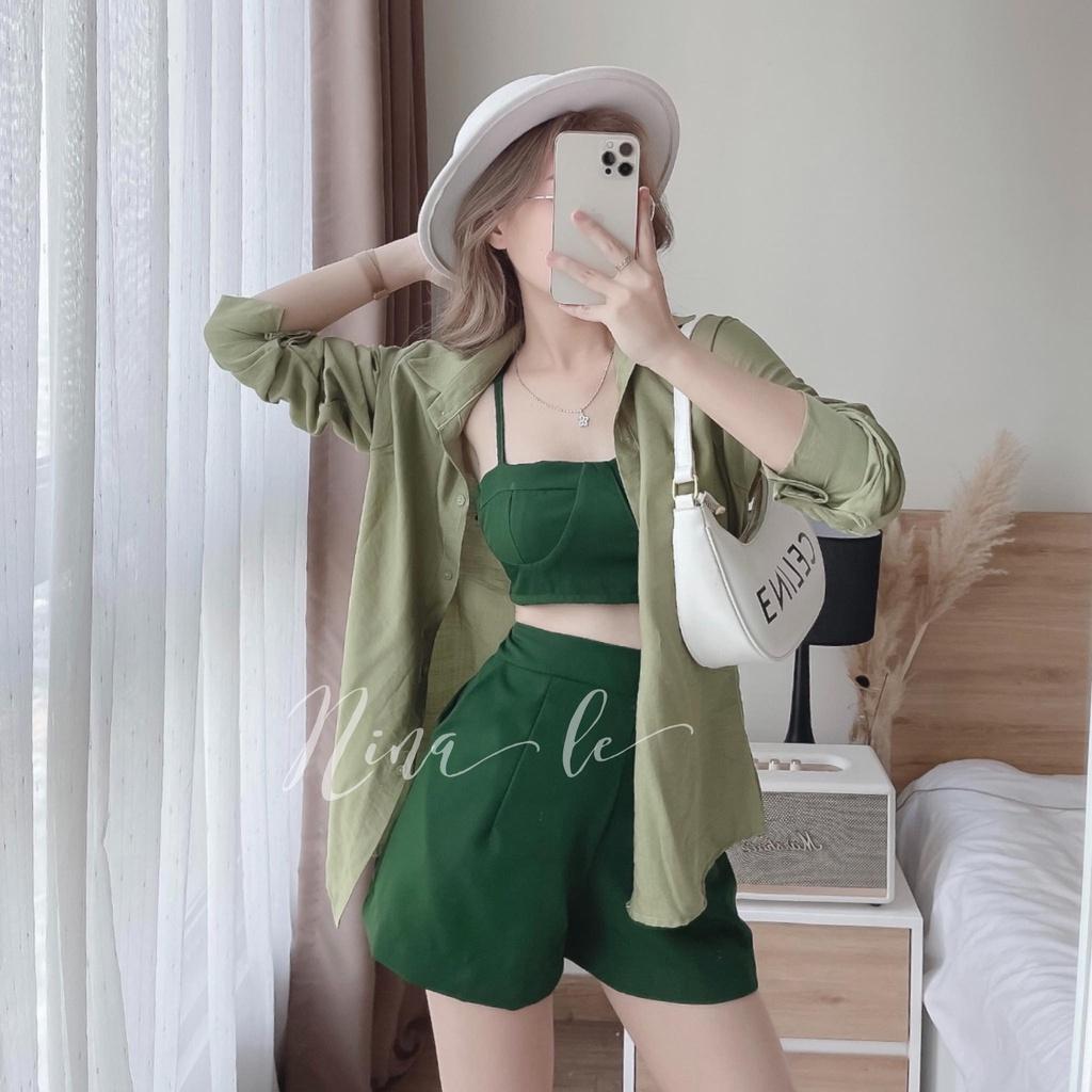 Sét bộ 3 món thời trang nữ áo khoác sơ mi kèm croptop 2 dây, phối quần đùi ống rộng thích hợp cho nàng dạo phố, đi biển