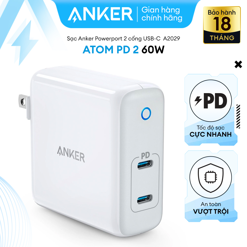 Sạc ANKER PowerPort Atom PD 2 [GaN Tech] 60W 2 cổng PD - A2029