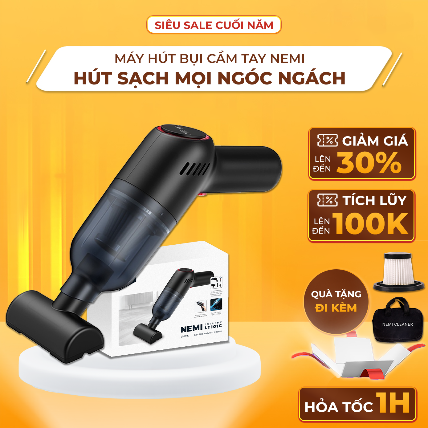 Máy Hút Bụi Không Dây Mini NEMI Lực Hút 12000 PA, Thiết Kế Cầm Tay, Tích Hợp 3 Đầu Hút Dùng Liên tục 45 Phút