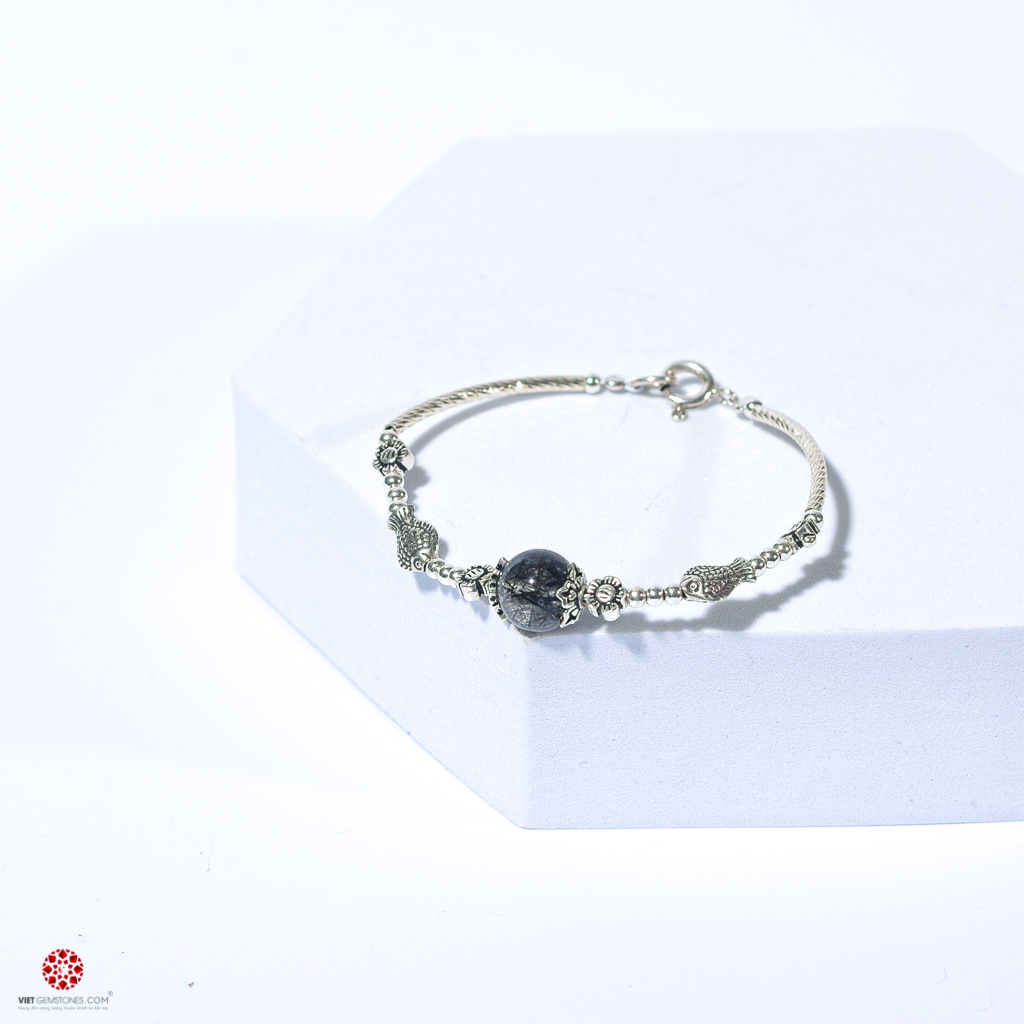 Lắc tay Thạch Anh Tóc đen 100% tự nhiên phối charm bạc thái cao cấp 92.5% đem lại may mắn, bình an, hợp mệnh Thủy, Mộc | VietGemstones