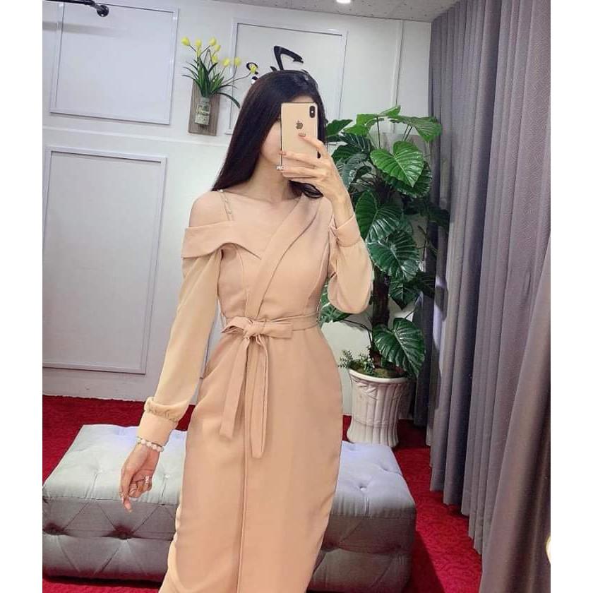 Váy Đầm nữ dự tiệc cột eo tay phối lưới thời trang nữ AM