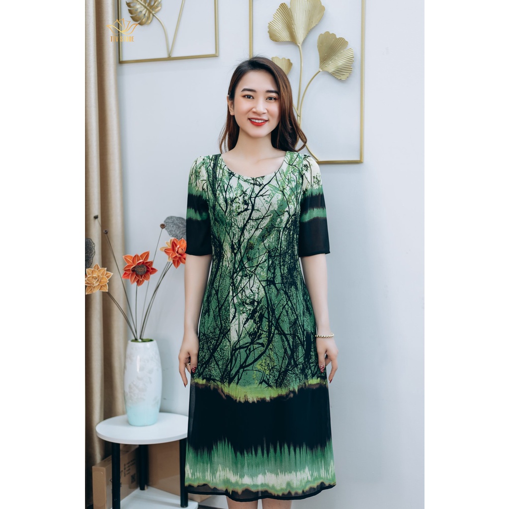 Đầm suông thiết kế trung niên sang trọng Cổ tròn tay lỡ màu Xanh họa tiết TTV STORE TTV1240