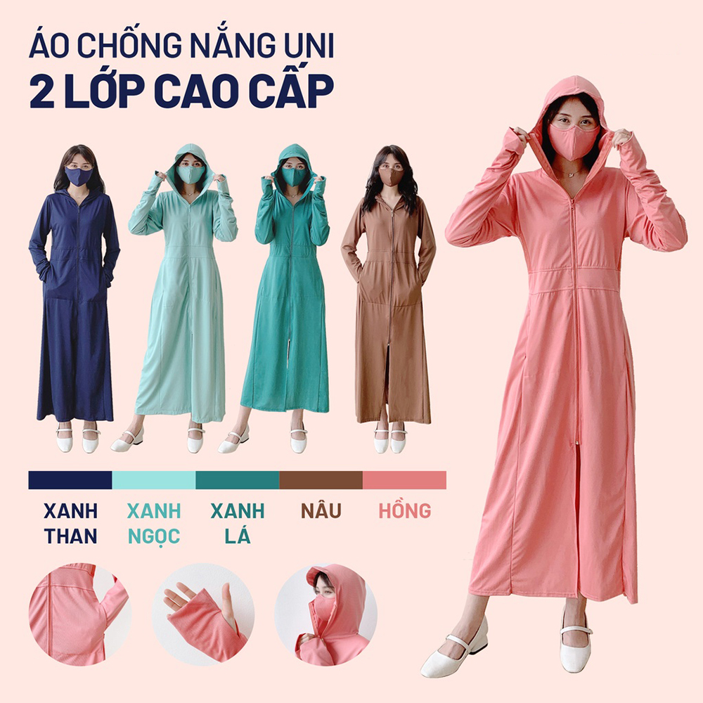 Áo khoác chống nắng nữ toàn thân 2 lớp cao cấp mũ trùm đầu tay xỏ ngón