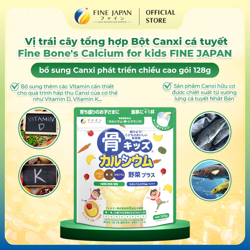 [Vị trái cây tổng hợp] Bột Canxi cá tuyết Bone's Calcium for Kids Vegetable Plus FINE JAPAN bổ sung Canxi & rau củ quả gói 128g