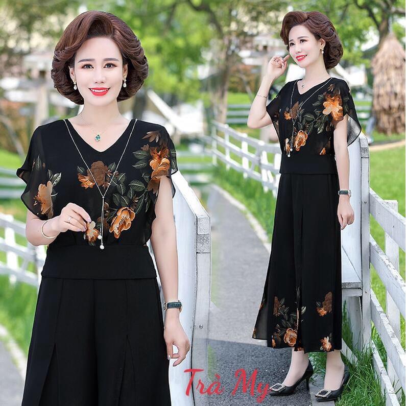 ️Có Big Size️Set Đồ Bộ Trung Niên, Bộ Voan 2 Lớp Quần Ống Rộng, Áo Kiểu Tay Cánh Tiên Hoa Cao Cấp