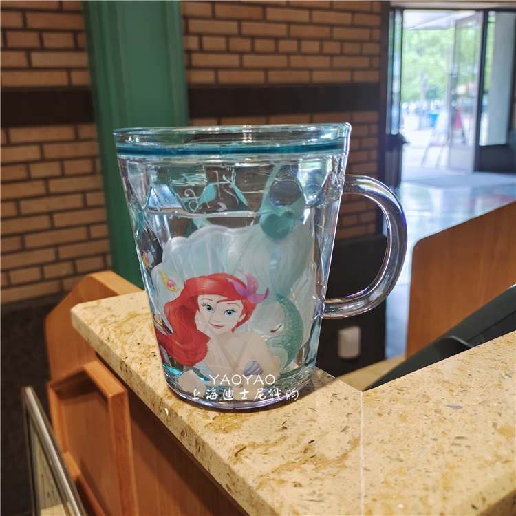 Ly quai cầm tay 2 lớp nhũ nước kim tuyến trong suốt hình nàng tiên cá Ariel Princess màu xanh lá siêu cute cho bé gái 260ml - 118VNDP2503