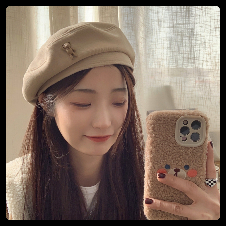 Mũ nồi beret vải nữ tính gắn gấu dễ thương Vintage đội đầu phối đồ đi học đi chơi thu đông xinh giá rẻ