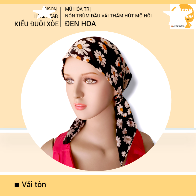 Nón hóa trị vải mềm mát, hút mồ hôi, bệnh nhân ung thư, chemo hat, cancer hat, nón trùm đầu, mũ vải [KIỂU ĐUÔI XÒE-ĐEN HOA]