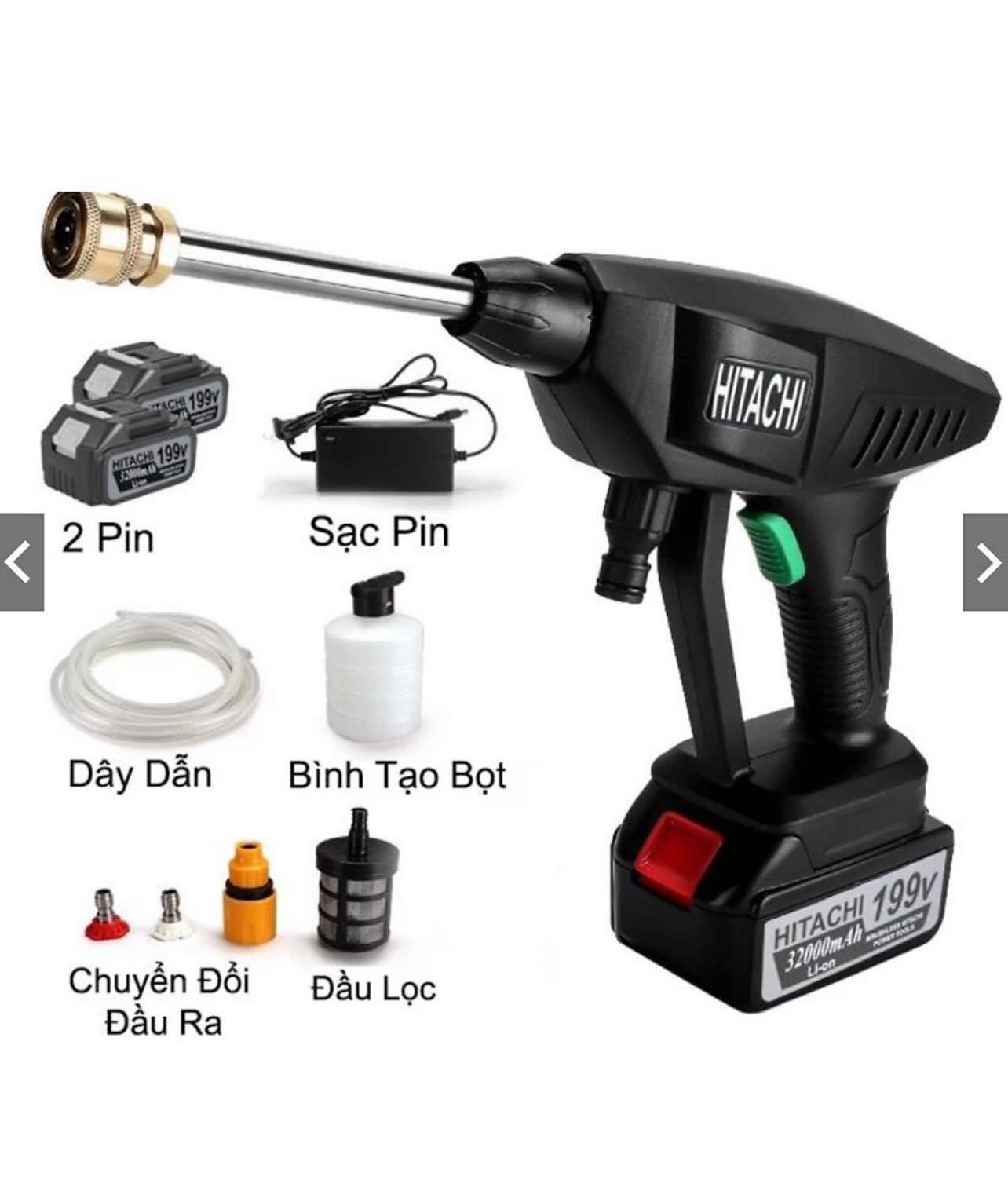 Máy xịt rửa xe máy ô tô áp lực cao bọt tuyết HITACHI 199V cầm tay PIN SẠC CỰC MẠNH dùng gia đình giá rẻ