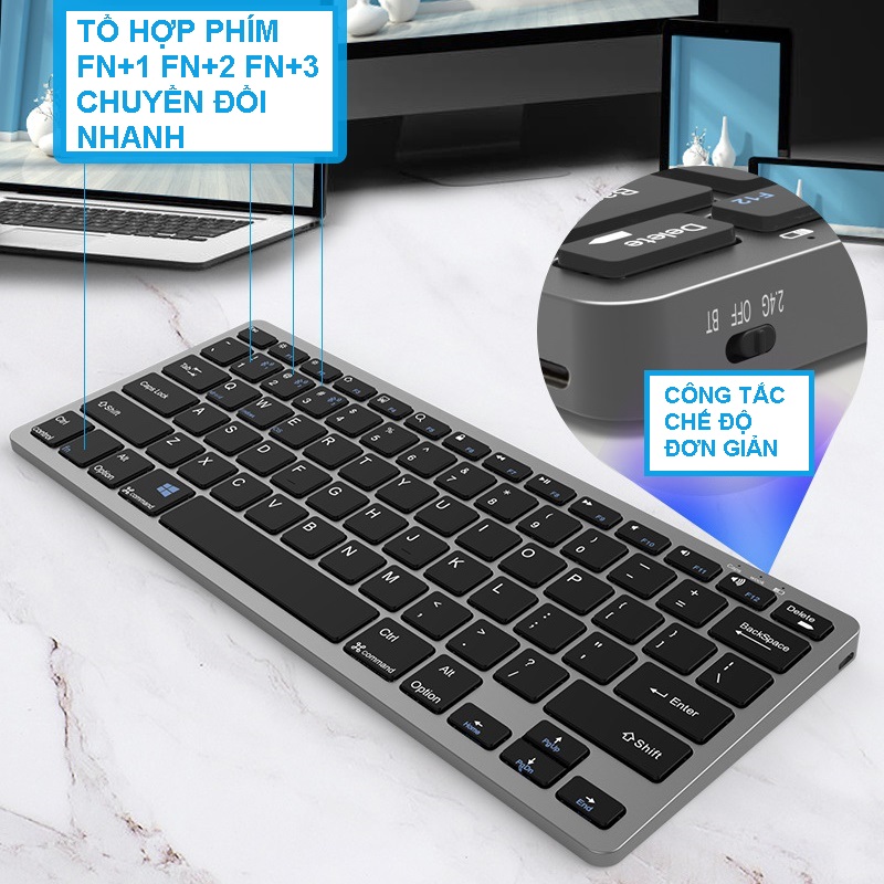 Bàn phím không dây mini W159C - pin sạc TypeC - đa kết nối bluetooth 5.0 + 3.0 + Usb wireless 2.4G