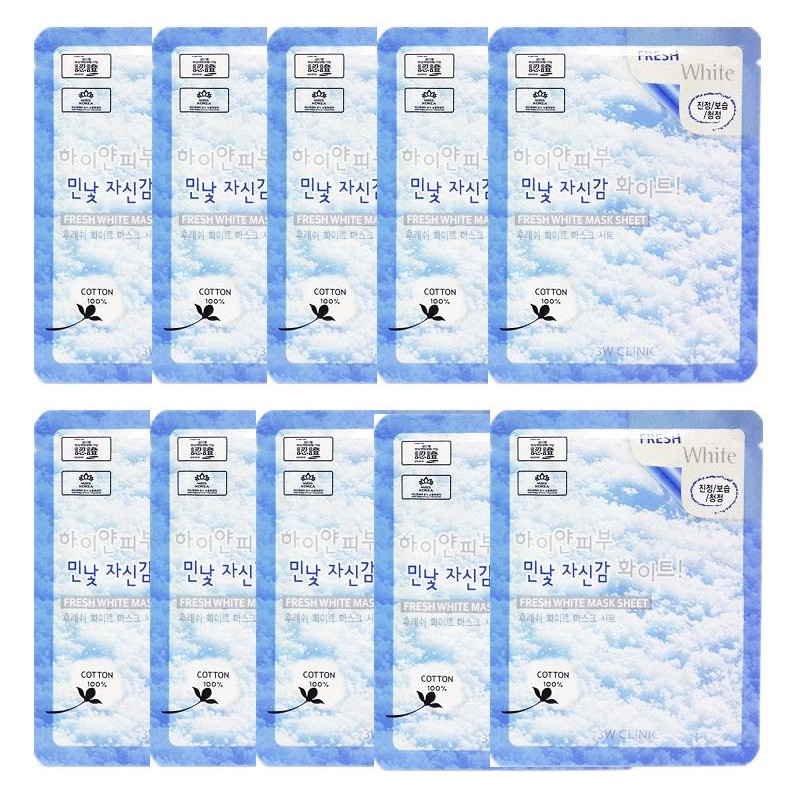 Bộ 10 Gói Mặt Nạ Tuyết Dưỡng Trắng Da 3W Clinic Fresh White Mask Sheet