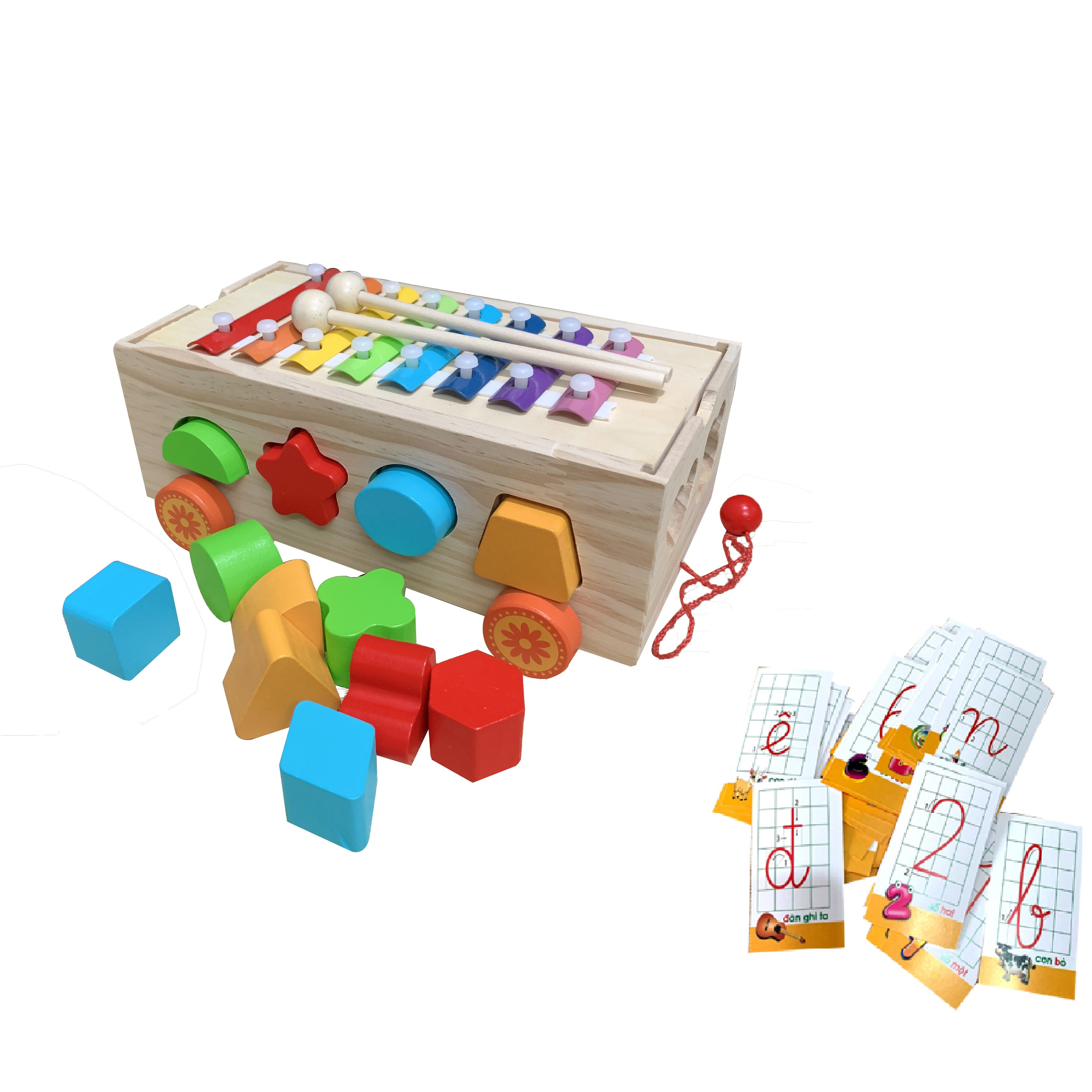 Đồ Chơi Xe Kéo Thả Hình Khối Kết Hợp Đàn Xylophone 8 Thanh Bằng Gỗ An Toàn Cho Bé Tặng Kèm Bộ Thẻ Học Chữ Cái Và Số Đếm