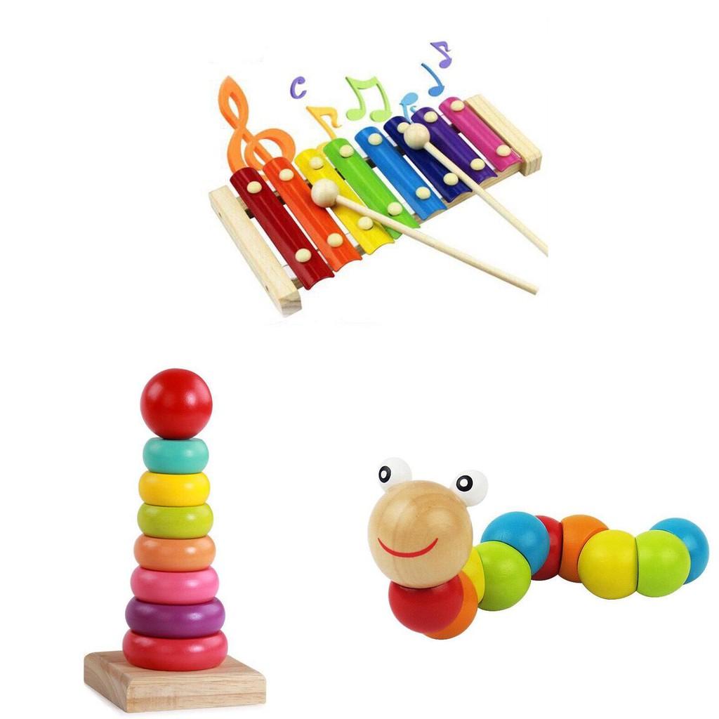 Combo Đồ Chơi Phát Triển Trí Tuệ Montessori: Đàn Khung Gỗ - Sâu Uốn Dẻo Bằng Gỗ - Tháp Xếp Chồng