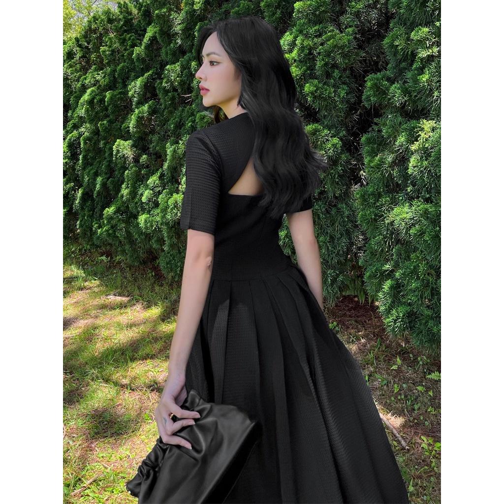 RECHIC Đầm dài Maline kiểu tay ngắn cổ cách điệu dáng váy xoè xếp ly sang trọng thanh lịch phù hợp đi tiệc dạo phố