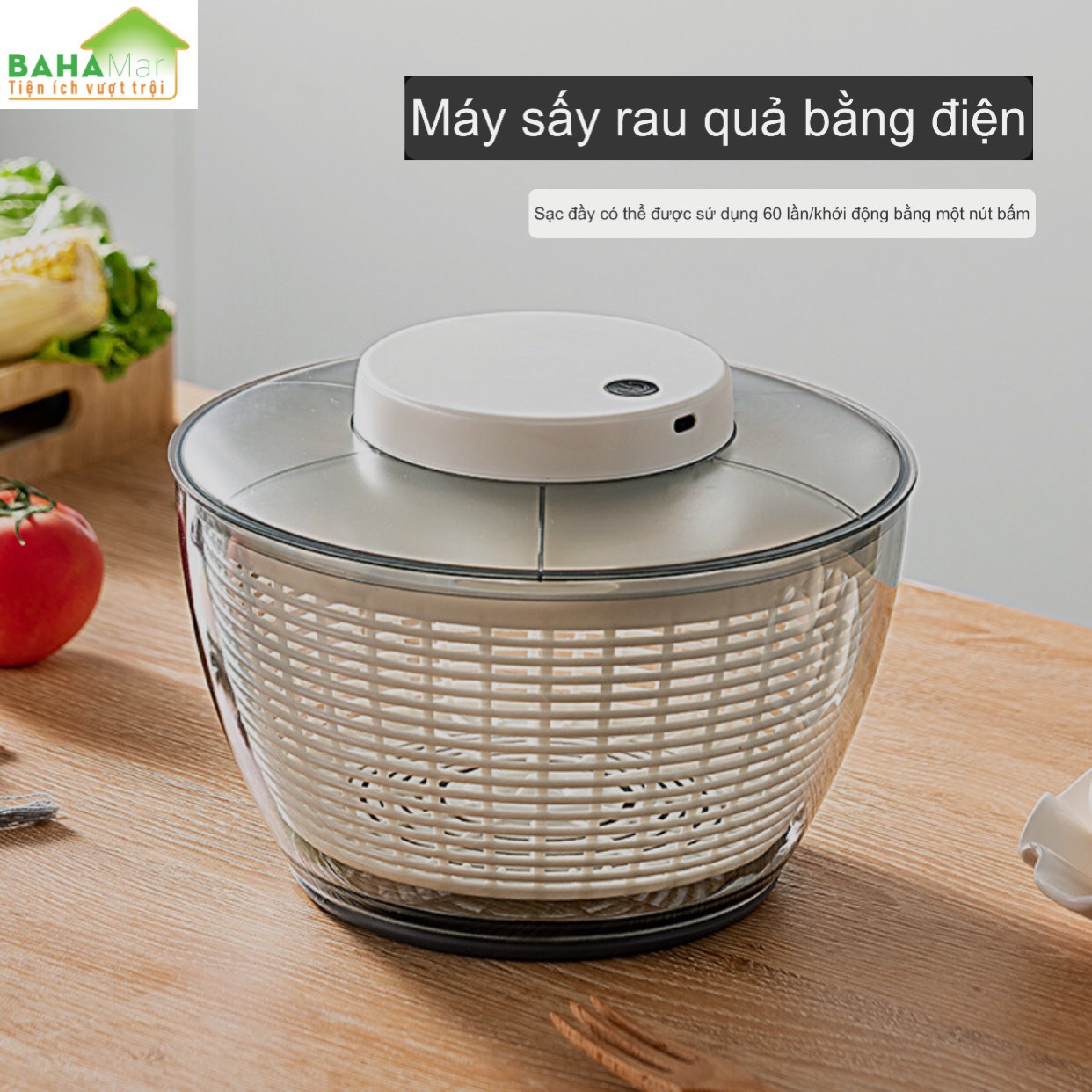 CHẬU - RỔ QUAY VẮT TÁCH NƯỚC LÀM KHÔ RAU BẰNG ĐIỆN (4.5L) &quot;BAHAMAR&quot; có thể sạc lại bằng USB, chỉ cần bật nút nguồn để khởi động và tự động dừng sau 20 giây.  Pin 1500mAh có thể sử dụng được 60 lần