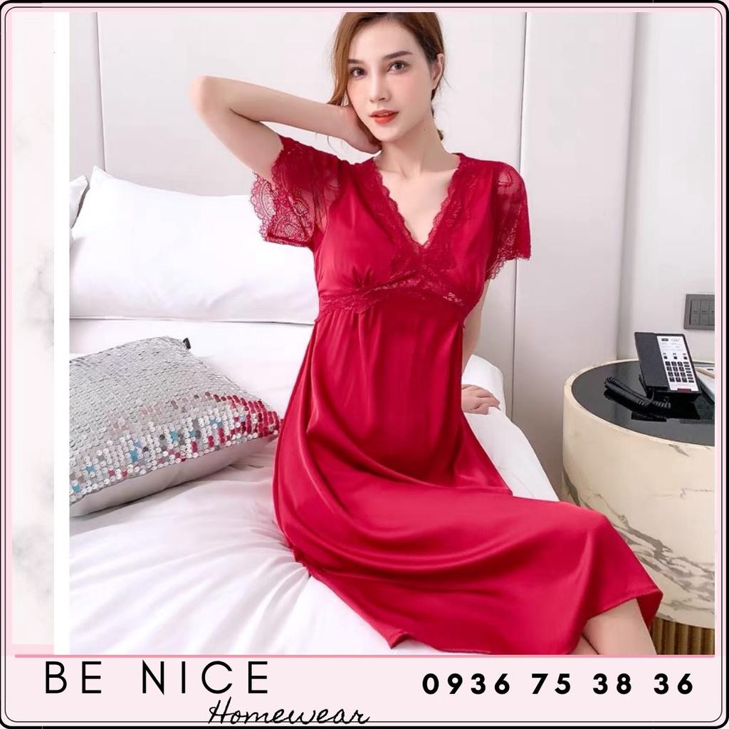 Váy ngủ lụa cao cấp phối ren có tay sang trọng cho nàng, Be Nice Homewear
