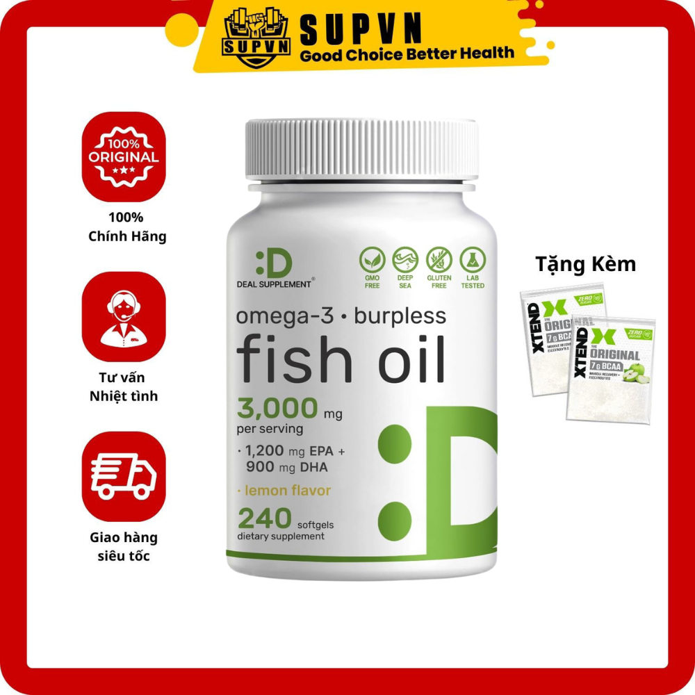 Deal Supplement Omega 3 Fish Oil 3000mg - 240 Viên Dầu Cá Hàm Lượng Cao EPA 1.200mg + DHA 900mg, Hỗ trợ não và tim