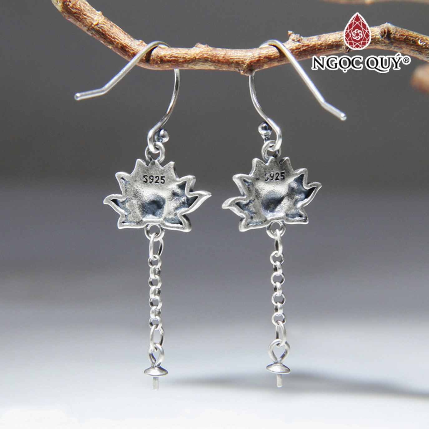Bông tai bạc hoa sen gắn hạt treo (móc treo) - Ngọc Quý Gemstones