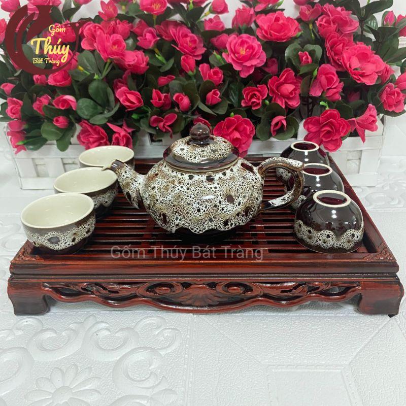 Bộ ấm chén men gấm Bát Tràng dáng chóp 350ml kèm khay cao cấp