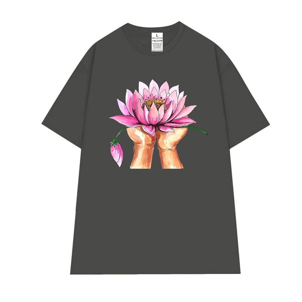 Cao cấp - Áo thun oversize hình vẽ màu nước đôi tay dâng hoa Sen lotus shirt BND553