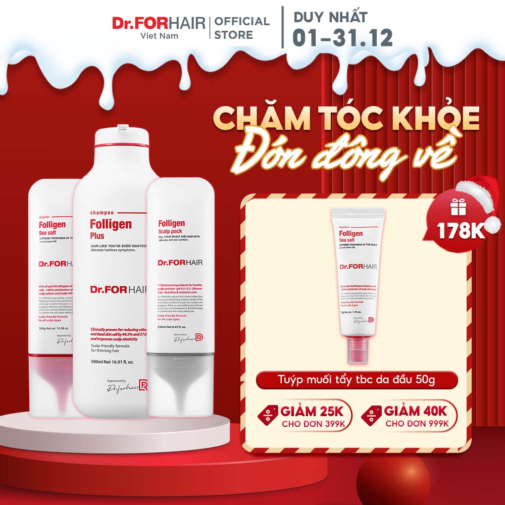 Bộ gội xả dưỡng tóc sạch gàu giảm rụng và suôn mượt tóc Dr.FORHAIR Folligen Plus 500ml x Scalp Pack 250ml x Sea Salt 300g
