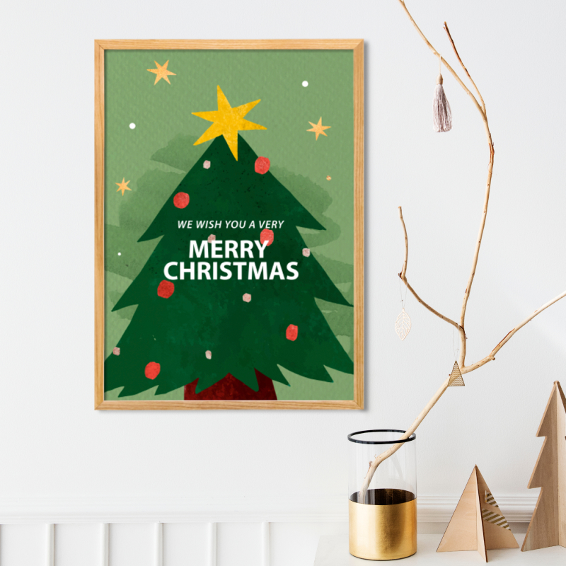 Tranh quà tặng Giáng Sinh trang trí khung kính gỗ sồi treo tường cao cấp"We Wish You A Merry Chrismas"