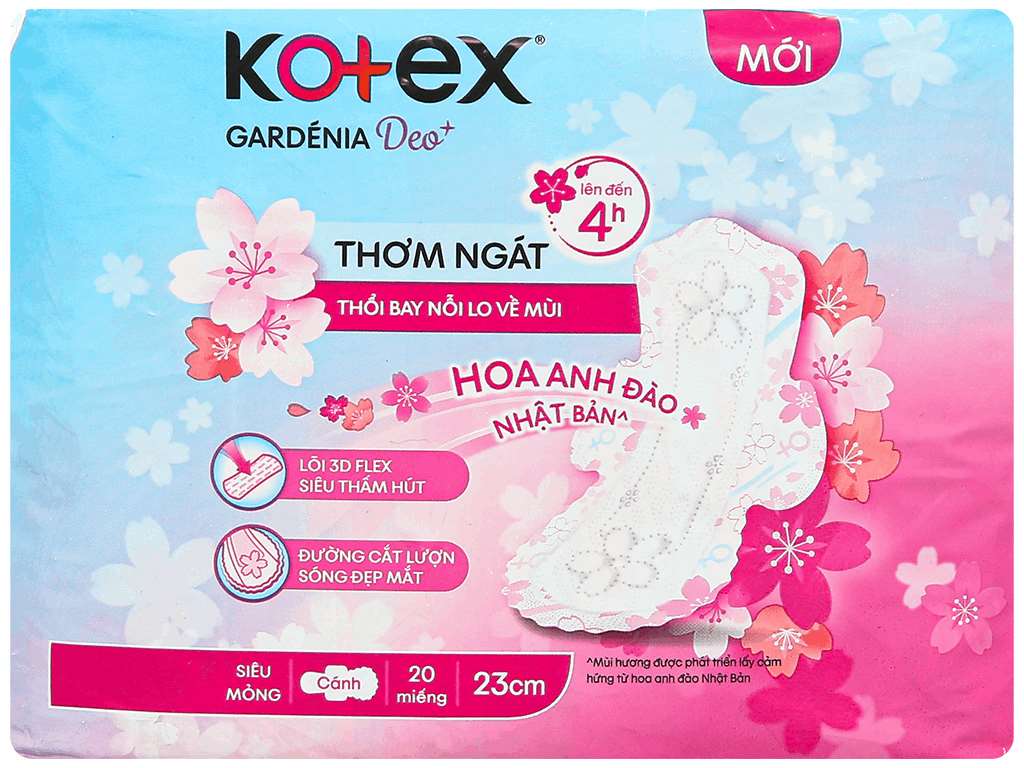 Combo 4 Gói Băng Vệ Sinh Kotex Gardenia Deo Hoa Anh Đào Siêu Mỏng Cánh Gói 20 Miếng