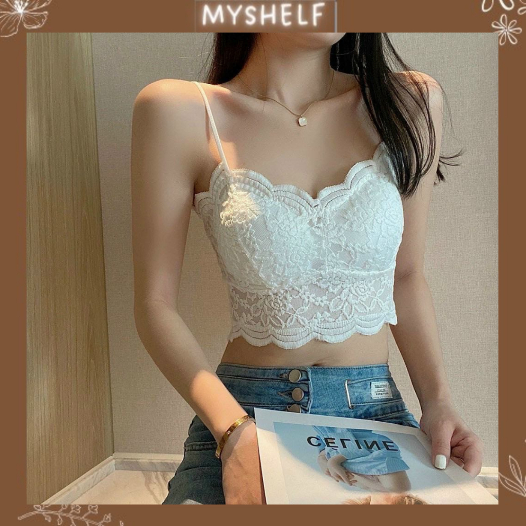 Áo bra 2 dây croptop ren nữ chun lưng sẵn đệm ngực, áo kiểu nữ đẹp sang chảnh mặc đi biển, trong vest