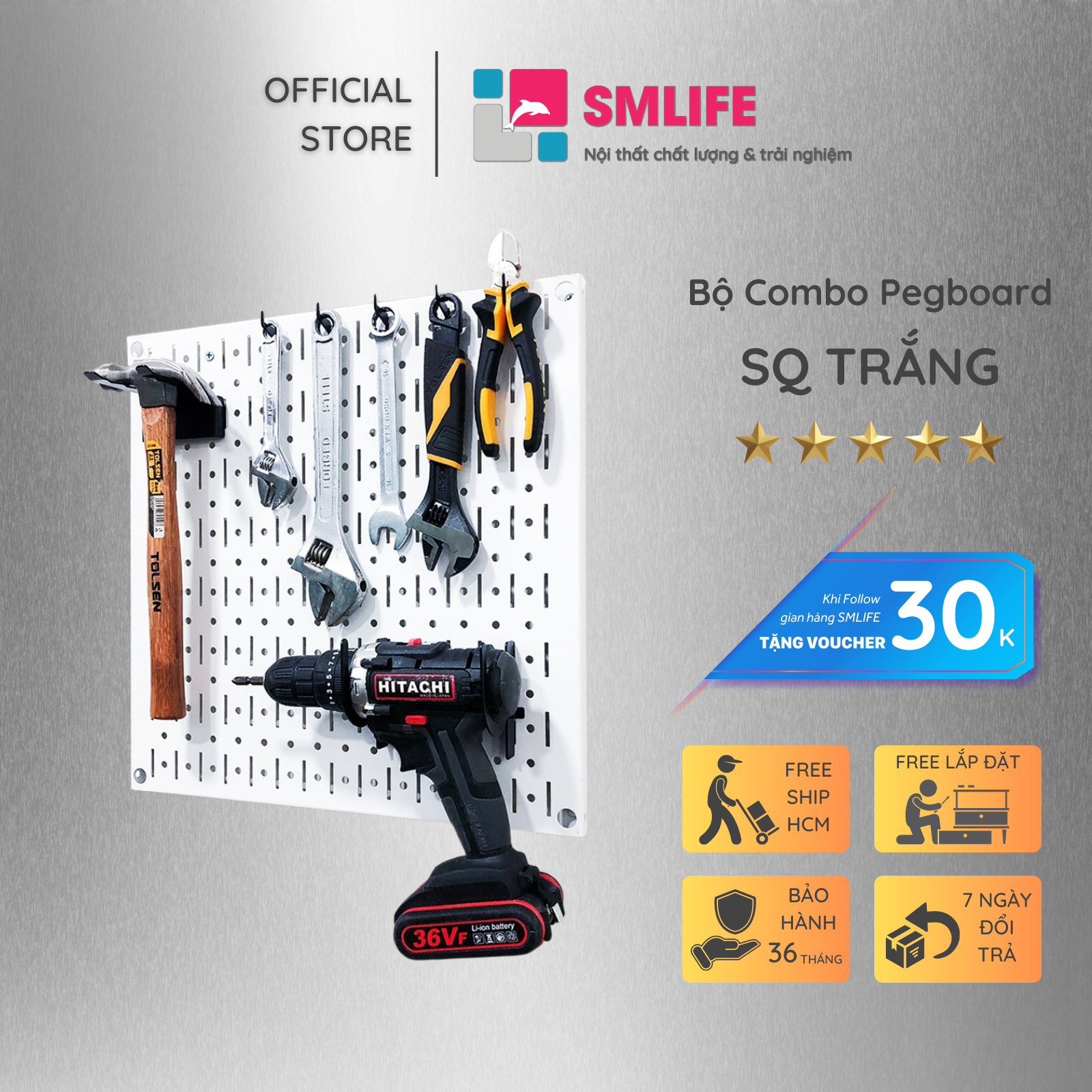 Bảng treo dụng cụ SMLIFE Pegboard cơ khí SQ – Trắng