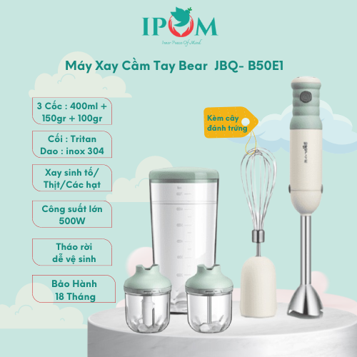 Máy Xay Cầm Tay Bear Đa Năng Xay Ăn Dặm, Xay Cháo, Xay tỏi ớt, Xay Hạt, Đánh Trứng Cầm Tay Tiện Lợi - JBQ-B50E1 - Hàng Chính Hãng Bảo Hành 18 Tháng