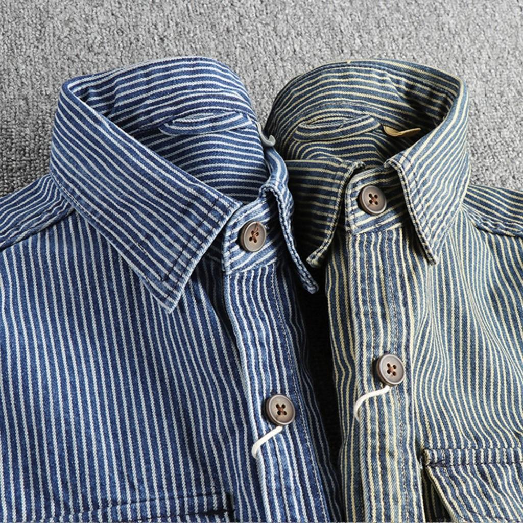 Áo sơ mi denim sọc phong cách Retro_Biker_Army