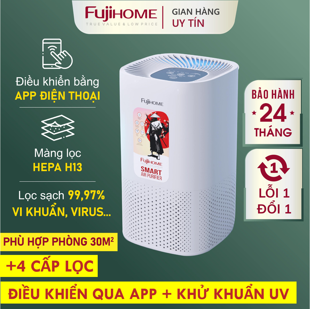 Máy lọc không khí Nhật Bản FUJIHOME Nhập Khẩu 4 cấp điều khiển bằng app, bộ lọc bụi mịn PM2.5 - khử mùi - loại bỏ vi khuẩn vi rút cảm biến hiển thị màu sắc