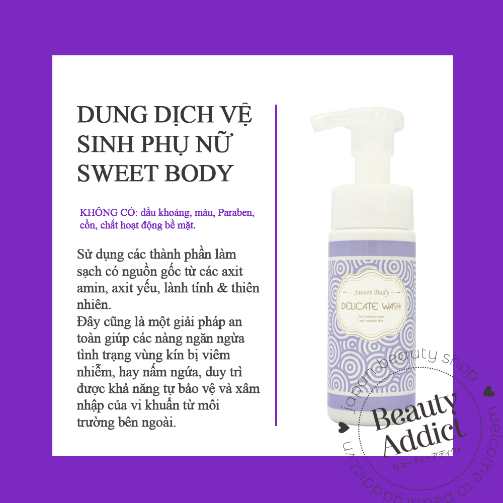 Dung Dịch Vệ Sinh Phụ Nữ Nhật Bản Sweet Body Delicate Wash, Làm Sạch Dịu Nhẹ, Ngăn Mùi, Kháng Khuẩn, Nấm, Chống Viêm Ngứa, Dưỡng Ẩm Da Mềm Mịn Và Trắng Sáng Da, Hương Hoa Thơm Tự Nhiên