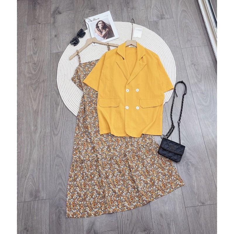 SET ÁO BLAZER VEST CỘC TAY VÀNG MIX VÁY HAI DÂY HOA NHÍ ĐUÔI CÁ SIÊU PHẨM XINH XẮN