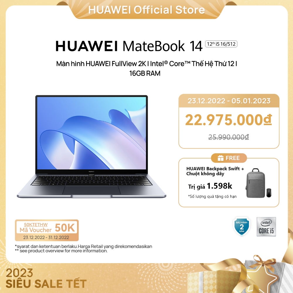 Máy Tính Xách Tay HUAWEI MateBook 14 (16GB/512GB) | Intel Core i5 Thế Hệ Thứ 12 | Màn Hình HUAWEI 3:2 Fullview 2k | Nút Nguồn Vân Tay | Hàng Chính Hãng