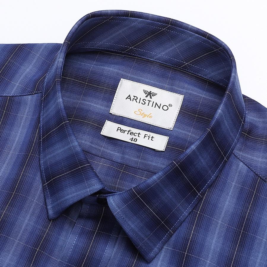 Áo sơ mi nam ngắn tay ARISTINO phom Perfect fit, xanh tím than kẻ trắng nổi bật - ASS315S2