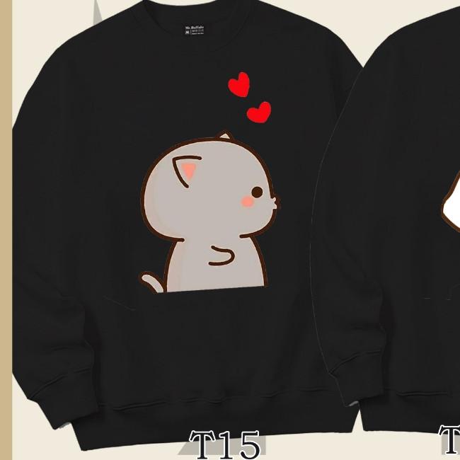Áo Sweater cặp đôi Mèo mochi T15T16 dễ thương Mr.Buffalo - T16 - ĐEN