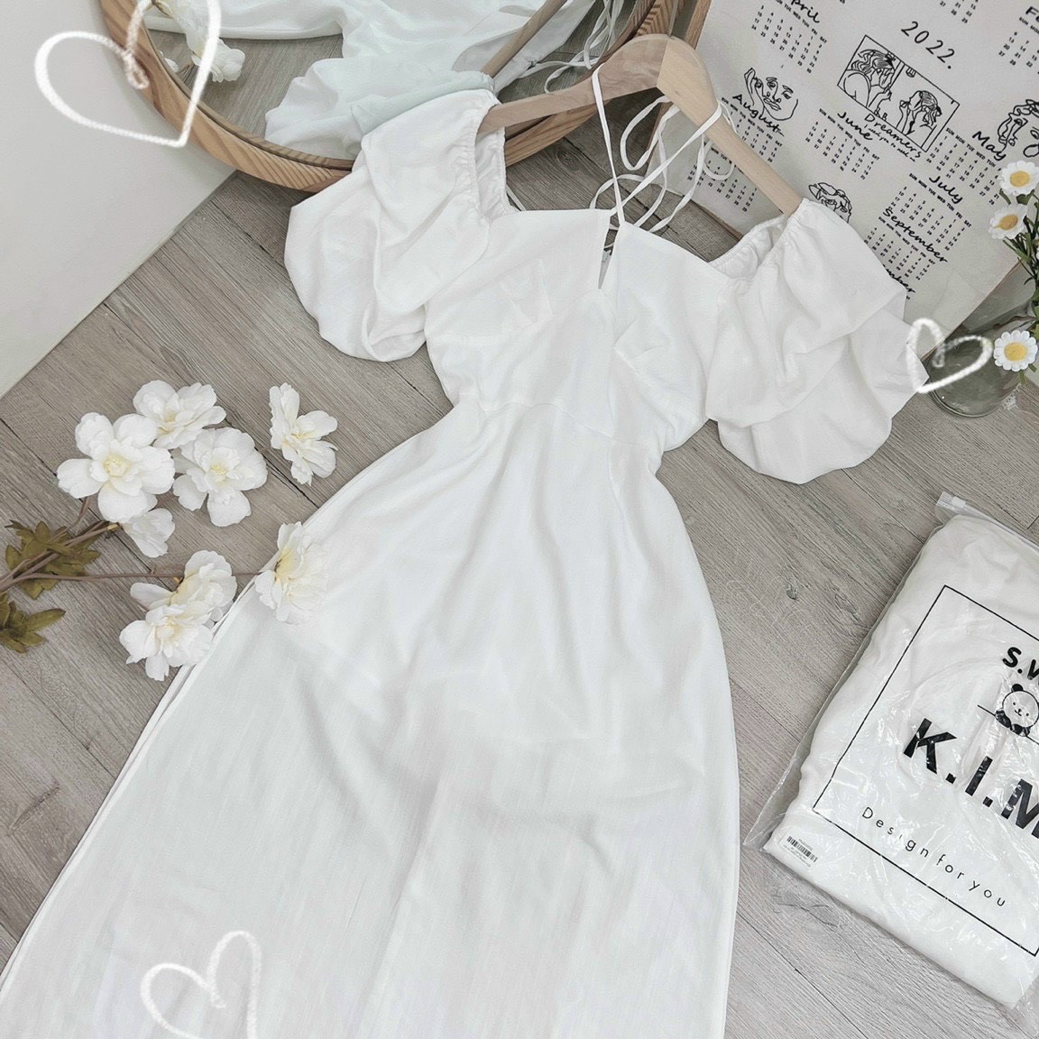 ĐẦM SUÔNG DÀI CỔ U DÂY YẾM XẺ ĐÙI MIDI TAY BỒNG TRẮNG ĐI BIỂN DẠO PHỐ DỰ TIỆC