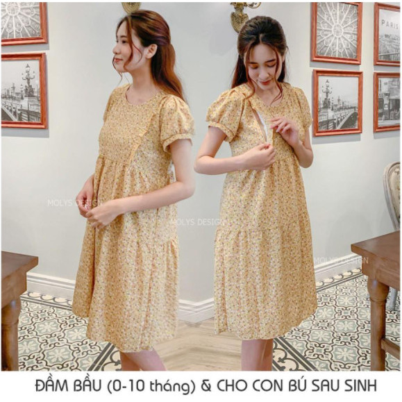 Đầm bầu kết hợp cho con bú sau sinh dáng babydoll ba tầng hoa nhí bèo ngực MOLYS VM6644 cúc điều chỉnh mặc hết thai kỳ