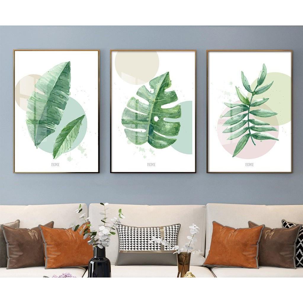 Bộ 3 Tranh KIM TUYẾN kèm khung gỗ Canvas Treo Tường Phòng khách/ngủ Tropical cây hoa hồng lá nhiệt đớ