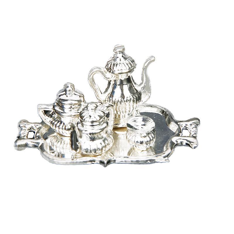 5pcs Silver Metal Tea Lid Pot Cups Tray Set 1:12 Dolls House Miniature Accs