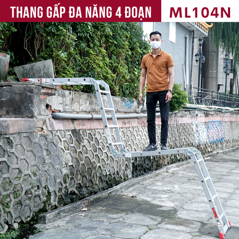 Thang nhôm FUJIHOME ML104N gấp đa năng 4 đoạn nhập khẩu, Cao tối đa 4,5m, Chống trơn trượt