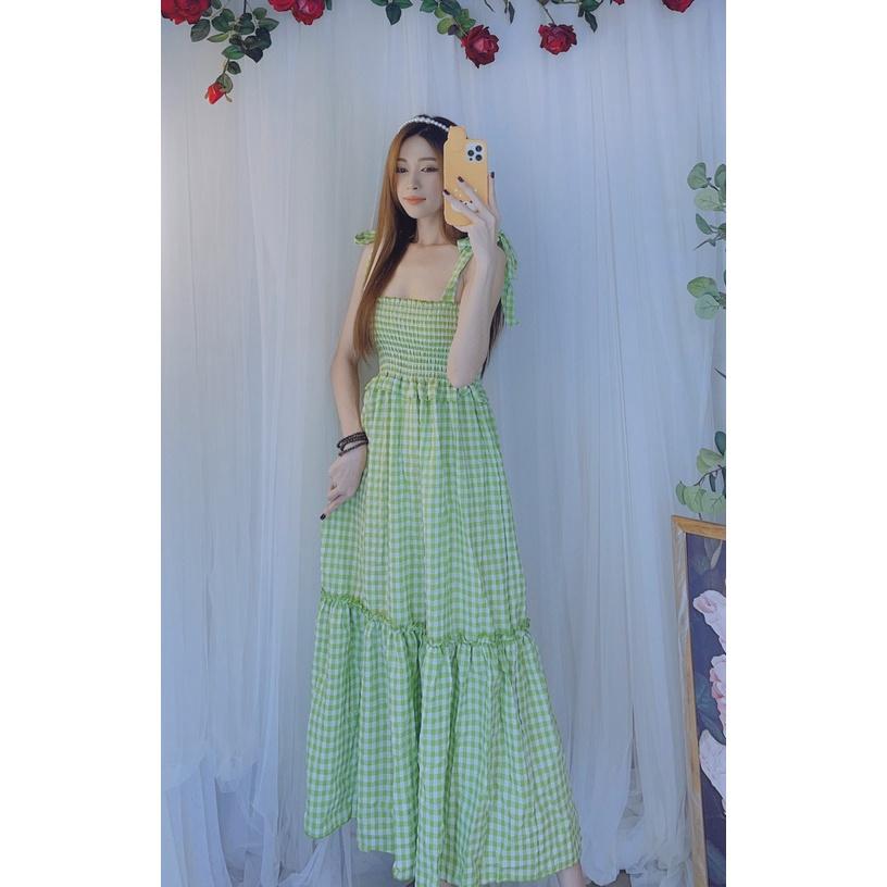 Đầm maxi nữ hai dây cột nơ caro siêu xinh dạo phố du lịch bầu bì bon chen kèm hình thật bao đẹp htd8740
