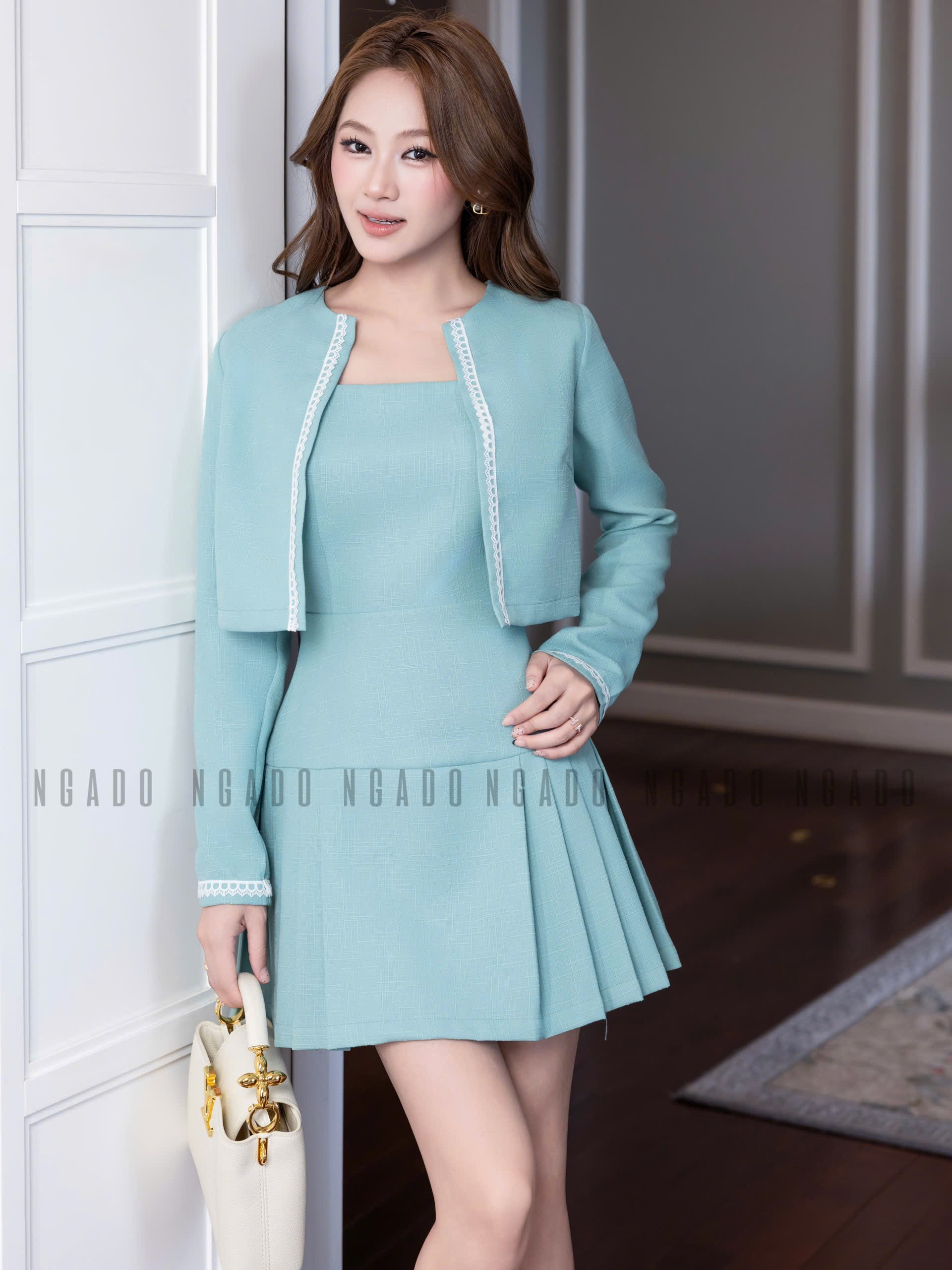 Set áo váy xanh mint dài tay NGADO , set áo váy , set dự tiệc , công sở